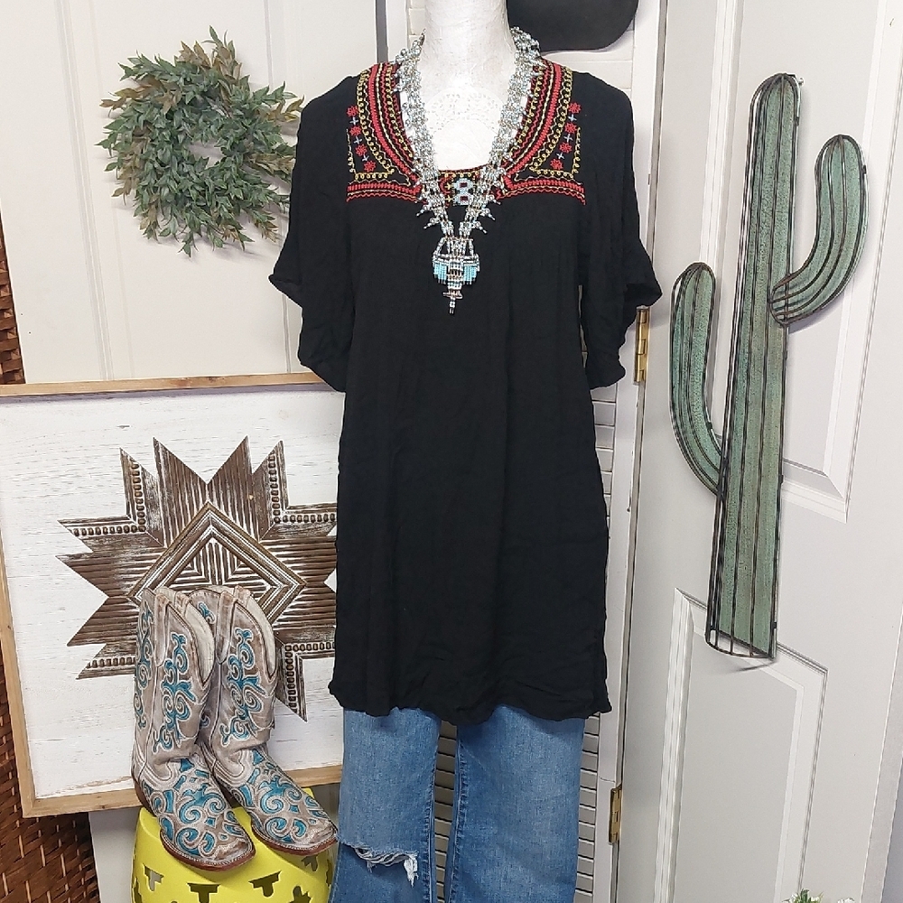 Black Tunic Top With Red, Blue, Yellow Embroidery, Medium